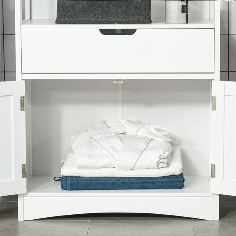 White wooden kleankin bathroom floor cabinet with open doors showing neatly folded blue and white towels inside