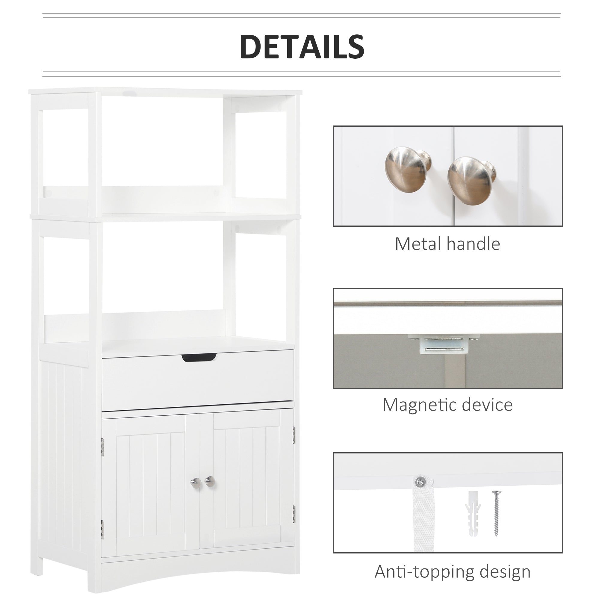 White wooden kleankin bathroom floor cabinet with silver handles and magnetic device for kitchen cupboard storage