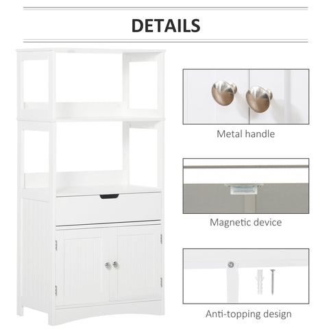 White wooden kleankin bathroom floor cabinet with silver handles and magnetic device for kitchen cupboard storage