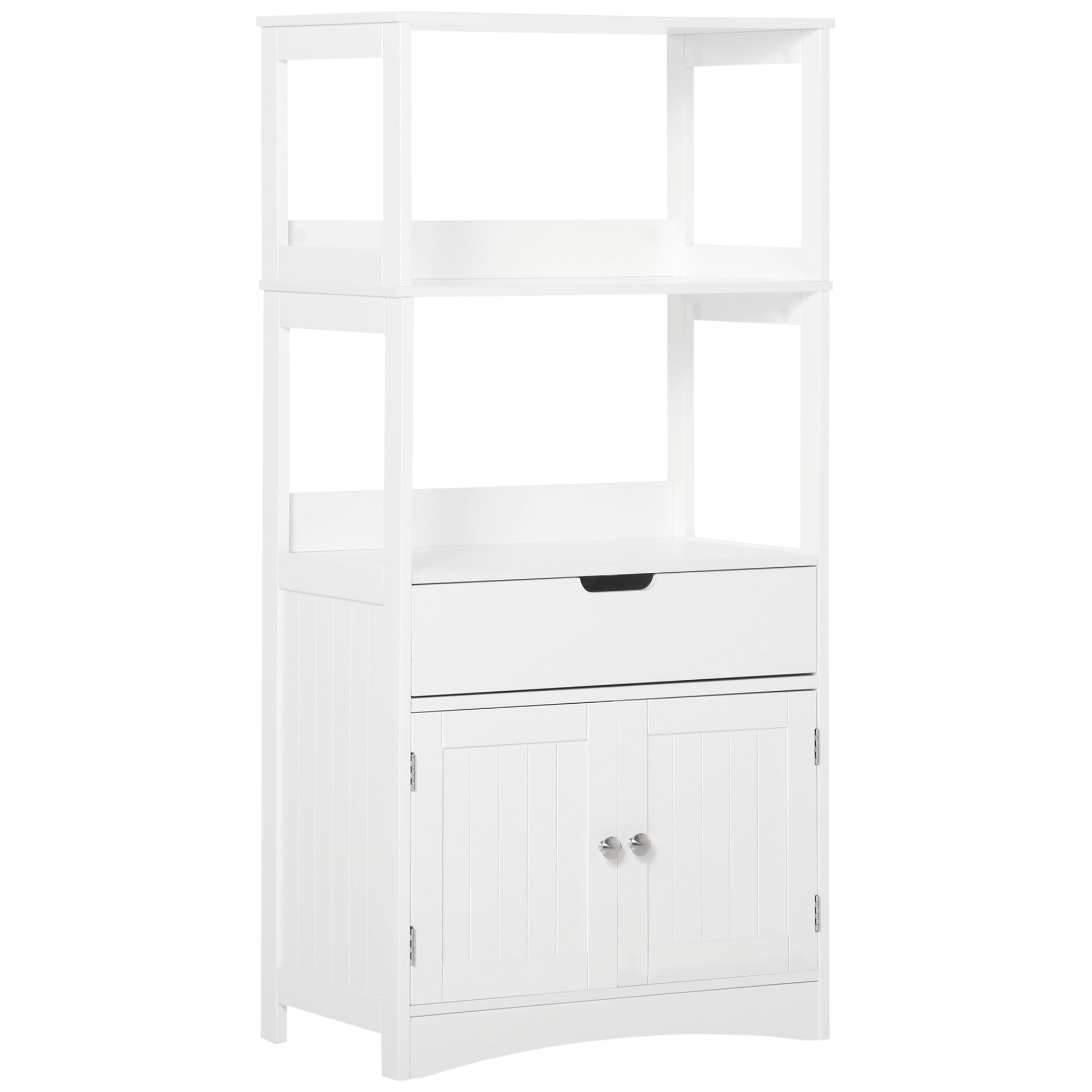 White wooden kleankin bathroom floor cabinet with open shelves drawer and paneled doors for kitchen cupboard storage
