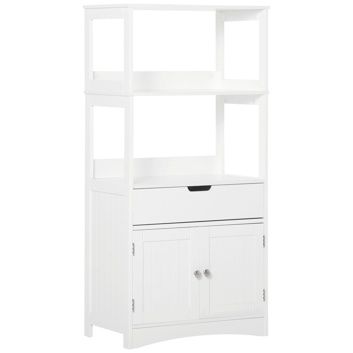White wooden kleankin bathroom floor cabinet with open shelves drawer and paneled doors for kitchen cupboard storage
