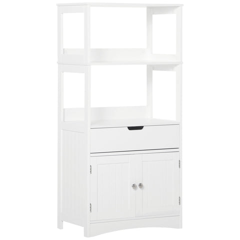 White wooden kleankin bathroom floor cabinet with open shelves drawer and paneled doors for kitchen cupboard storage