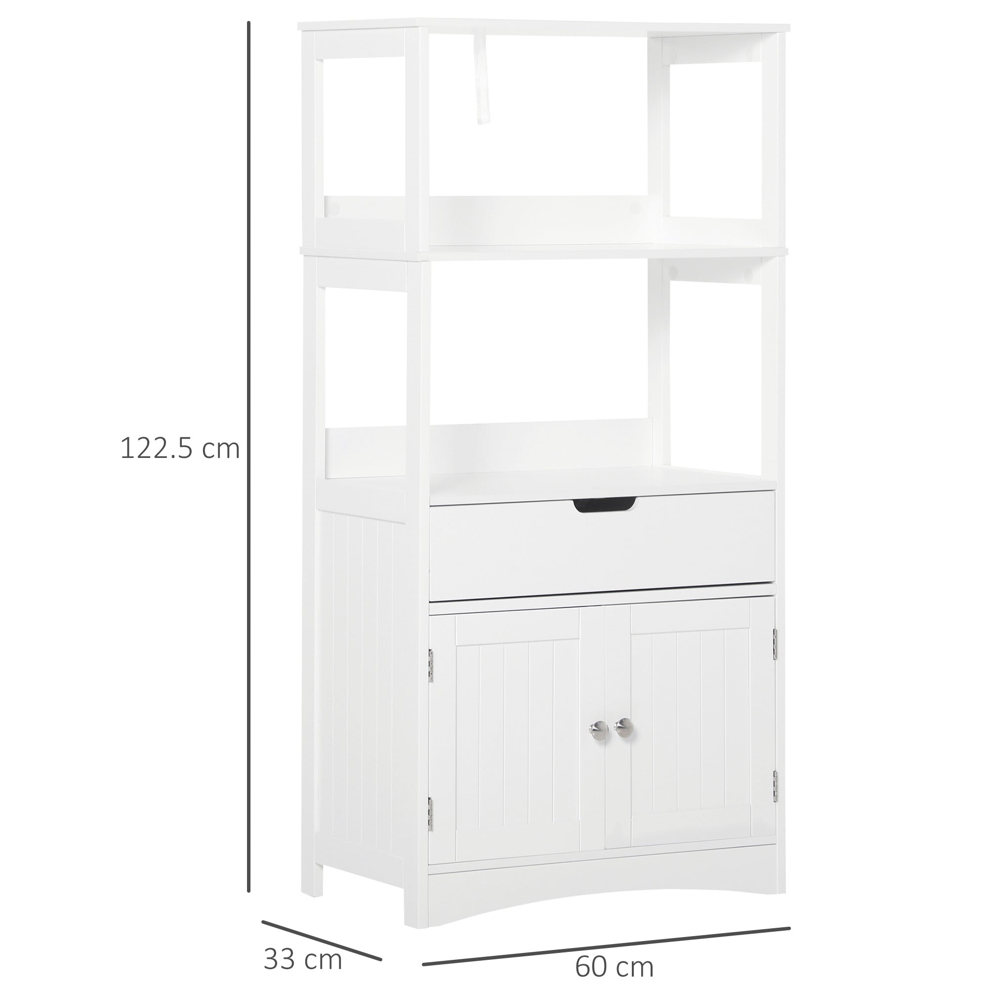 White wooden kleankin bathroom floor cabinet with drawer, cupboard doors, and open shelves for kitchen cupboard storage