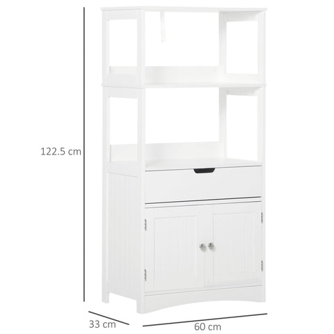 White wooden kleankin bathroom floor cabinet with drawer, cupboard doors, and open shelves for kitchen cupboard storage