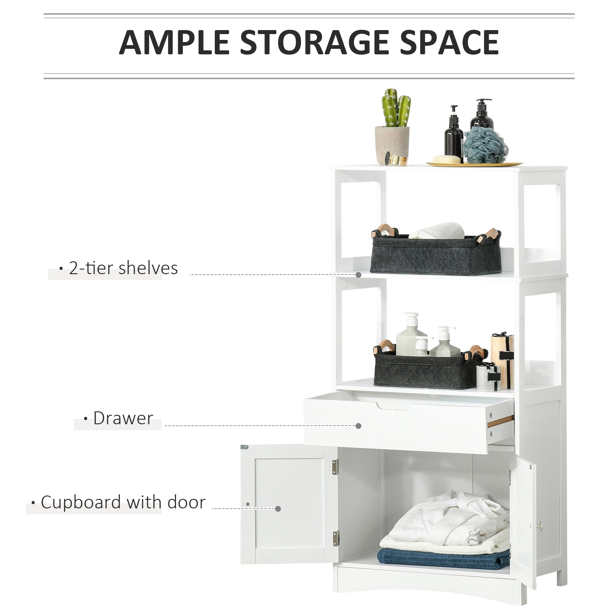 White kleankin bathroom floor cabinet with two tier shelves drawer and cupboard door for kitchen cupboard storage