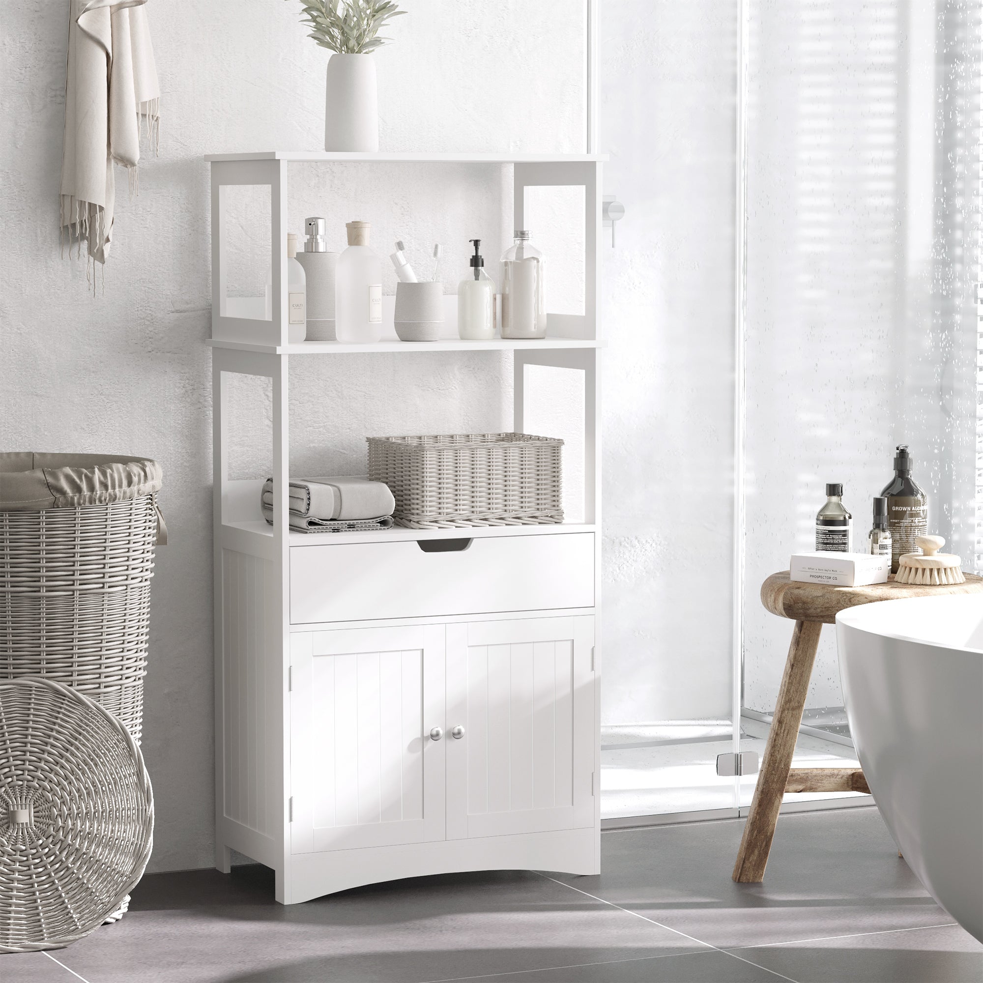 White wooden kleankin bathroom floor cabinet with open shelves drawer and doors kitchen cupboard for storage