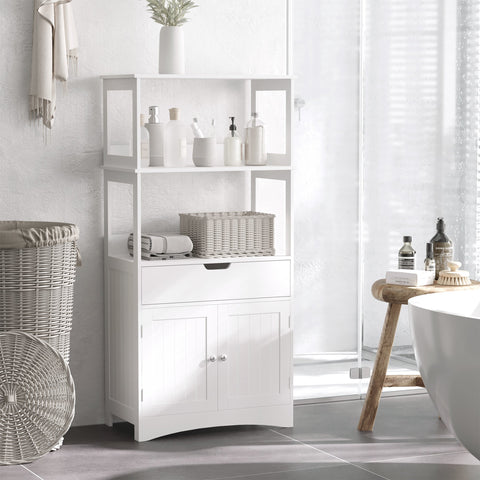 White wooden kleankin bathroom floor cabinet with open shelves drawer and doors kitchen cupboard for storage