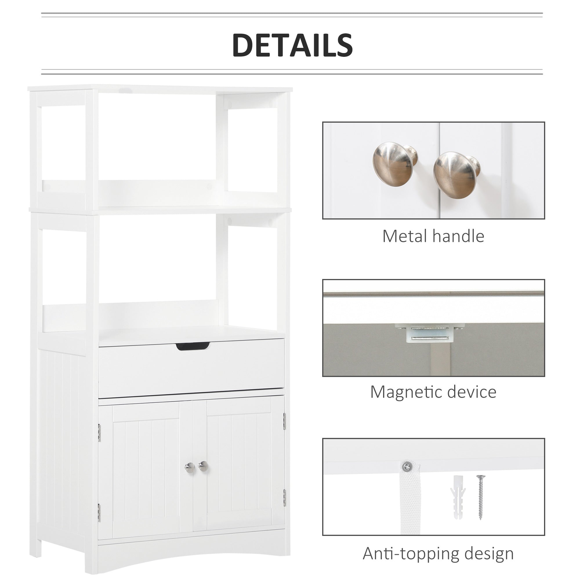 White wooden kleankin bathroom floor cabinet with silver handles kitchen cupboard and magnetic device for storage