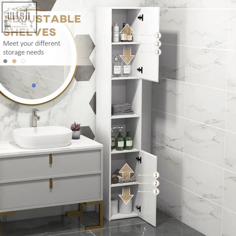 White tall freestanding bathroom cabinet with high gloss finish, adjustable shelves, black hardware, 27w x 27d cm