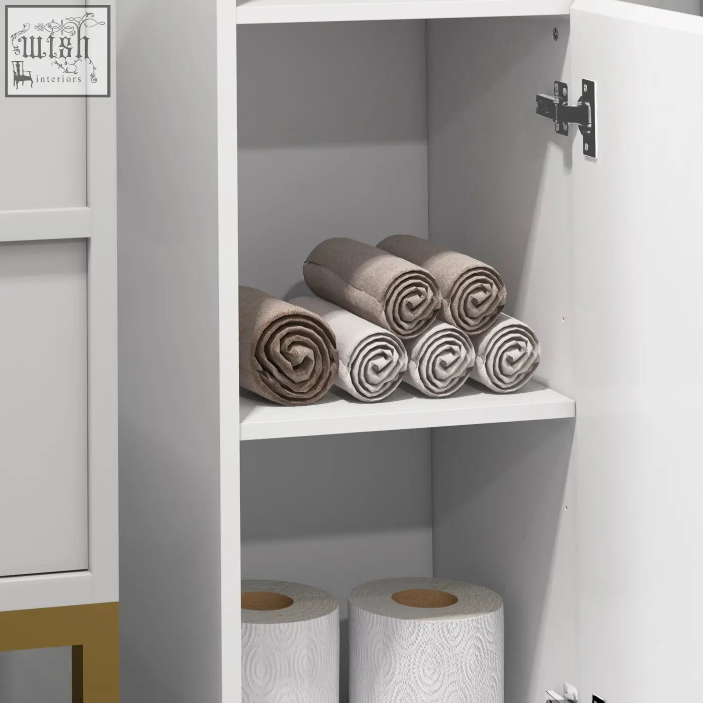 Neatly rolled beige and white towels stored on white shelves inside a kleankin high gloss bathroom cabinet 27w x 27d