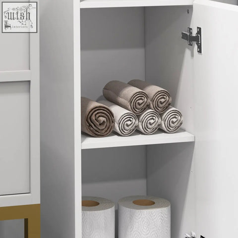 Neatly rolled beige and white towels stored on white shelves inside a kleankin high gloss bathroom cabinet 27w x 27d