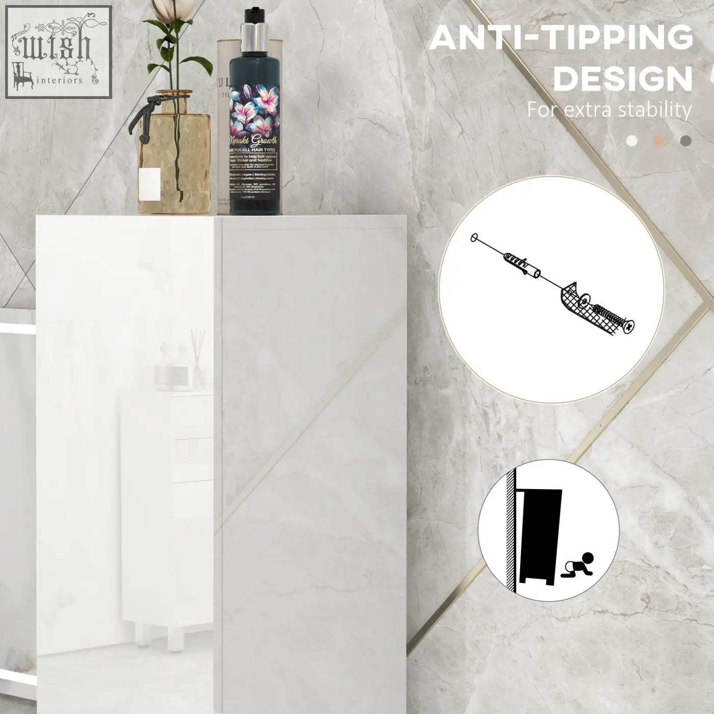 Kleankin white high gloss bathroom cabinet with doors and anti-tipping design for extra stability 27w x 27d