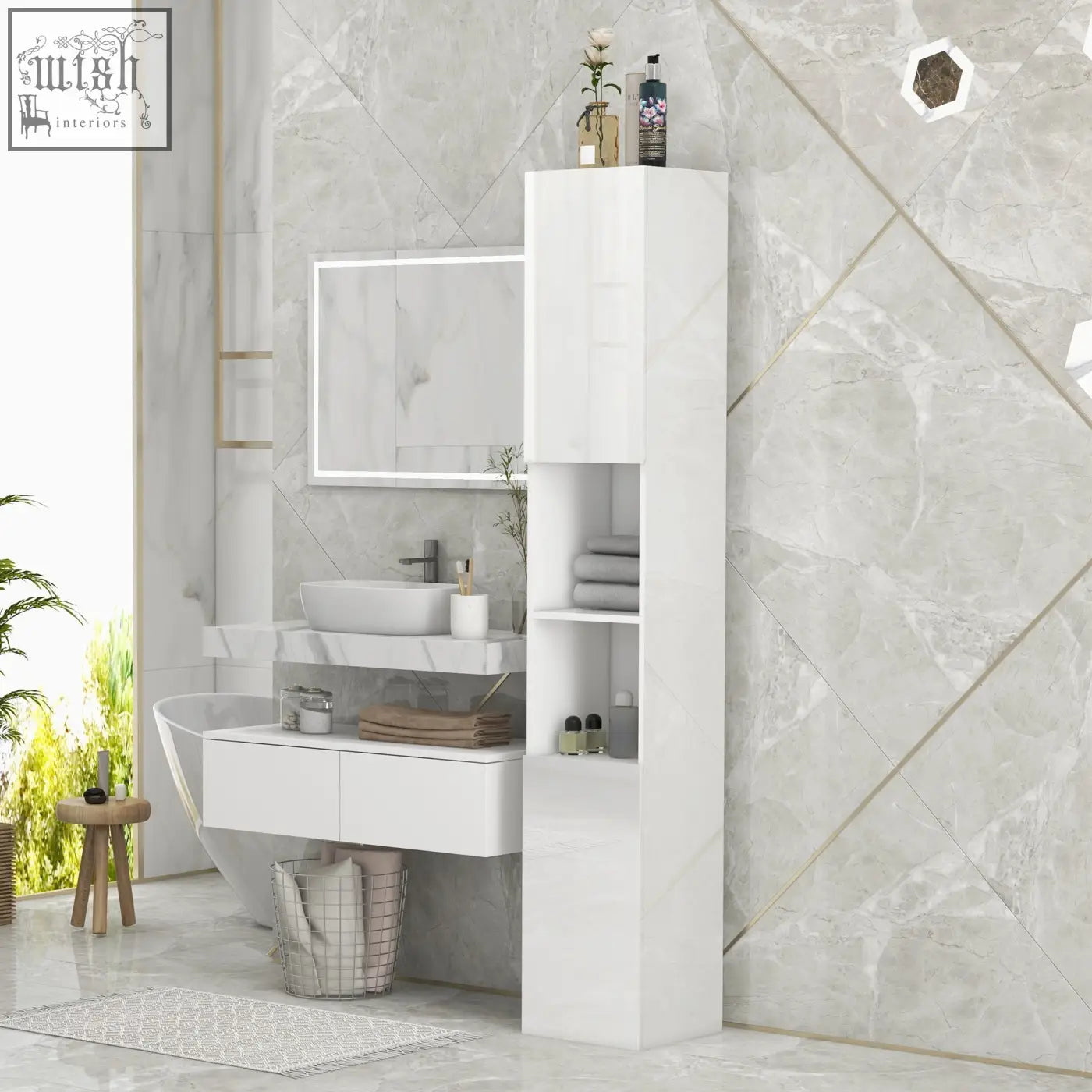 White high gloss freestanding bathroom cabinet with open shelves and mirrored medicine cabinet above sink 27w x 27d