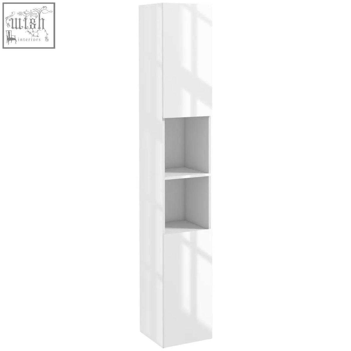 Kleankin freestanding bathroom cabinet in high gloss white with two open shelves and top door 27w x 27d cm
