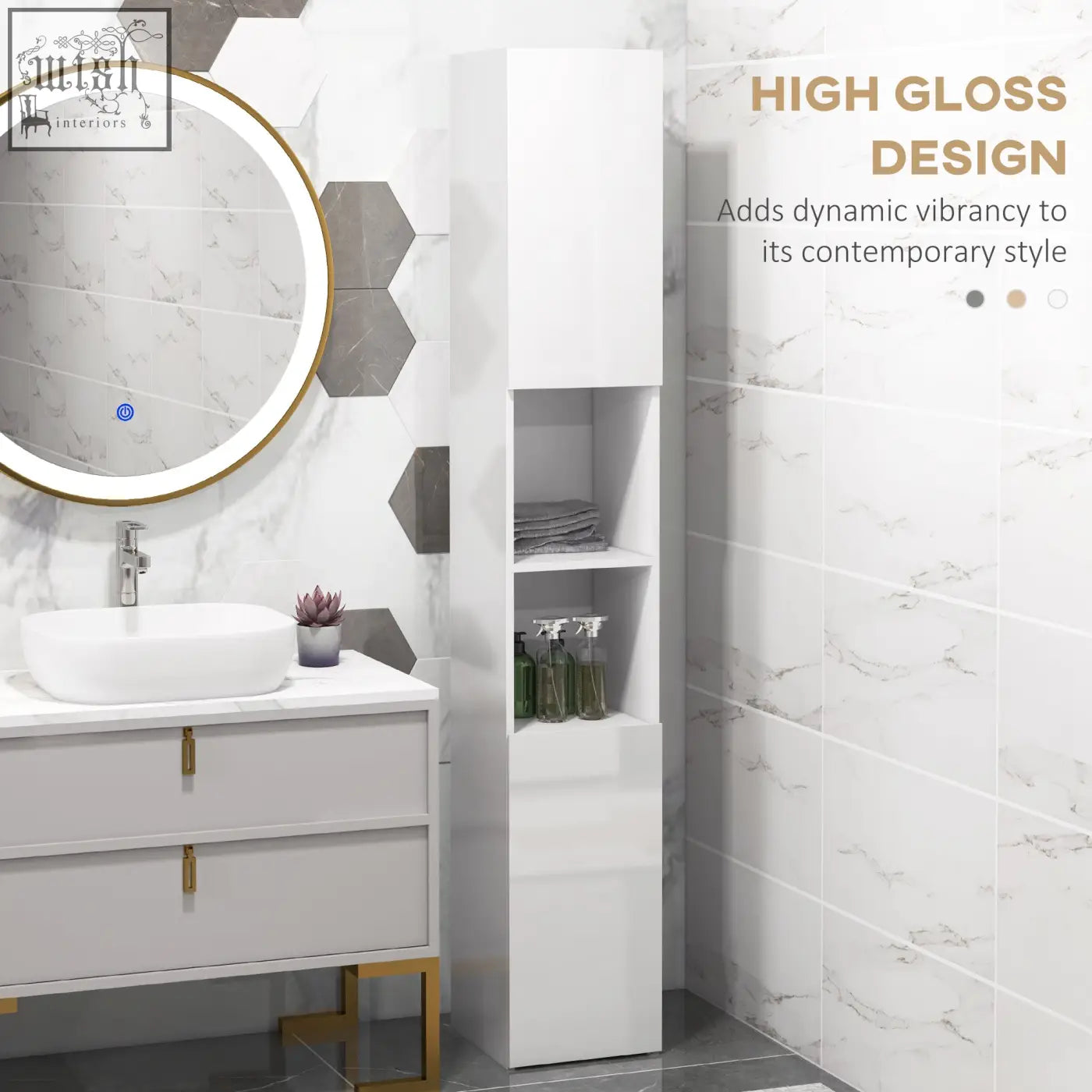 White kleankin freestanding bathroom cabinet with high gloss finish 27w x 27d open shelves and doors for storage