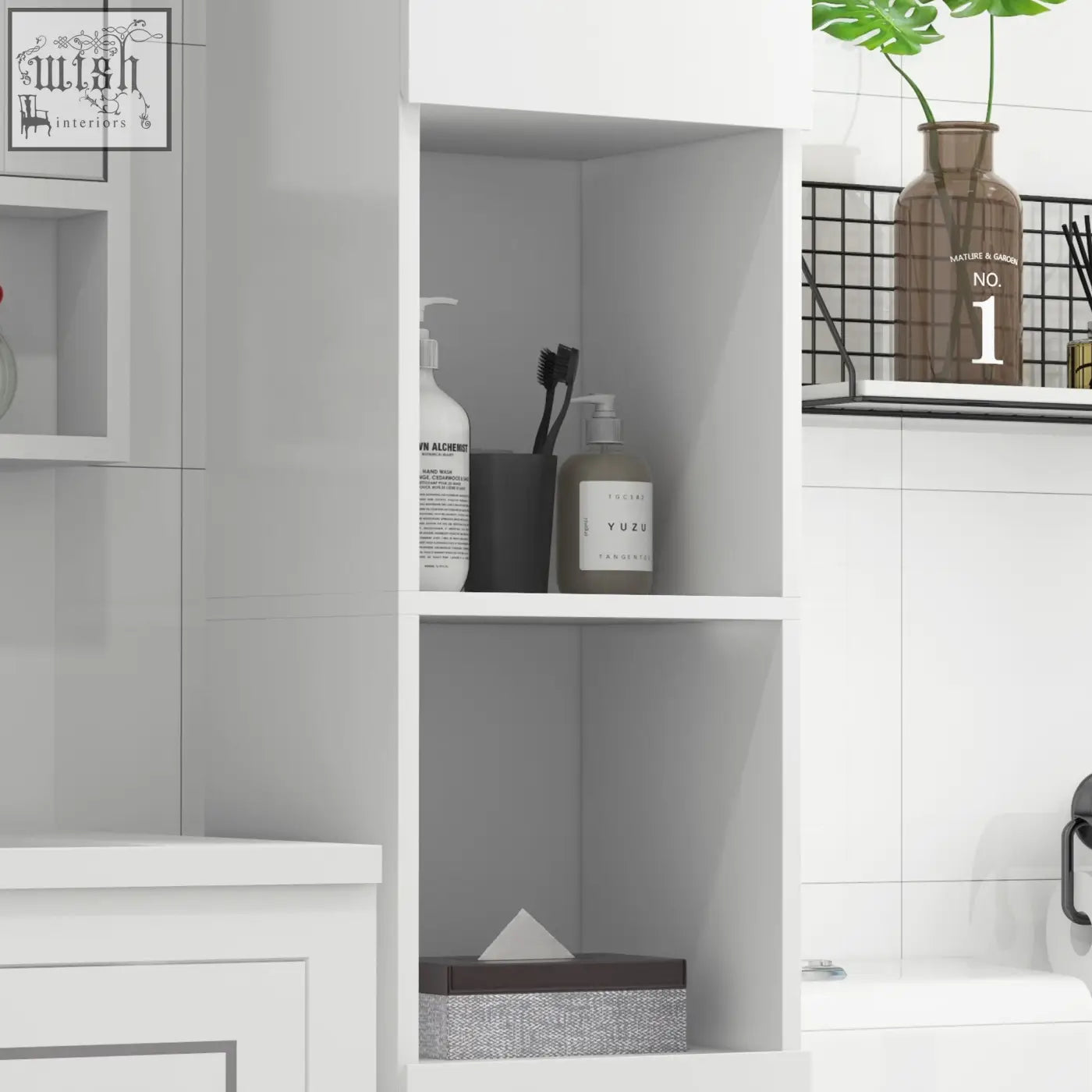 White high gloss kleankin freestanding bathroom cabinet 27w x 27d with open cubbies holding toiletries and vase