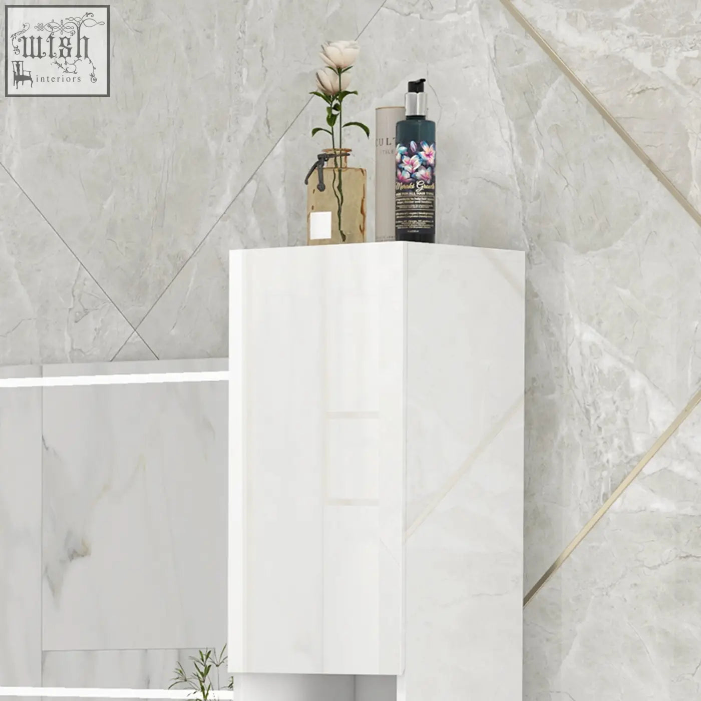 White high gloss bathroom cabinet with clean lines and adjustable shelves for modern storage needs