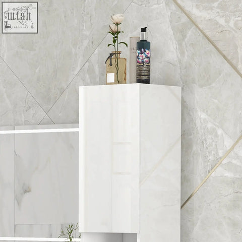 White high gloss bathroom cabinet with clean lines and adjustable shelves for modern storage needs