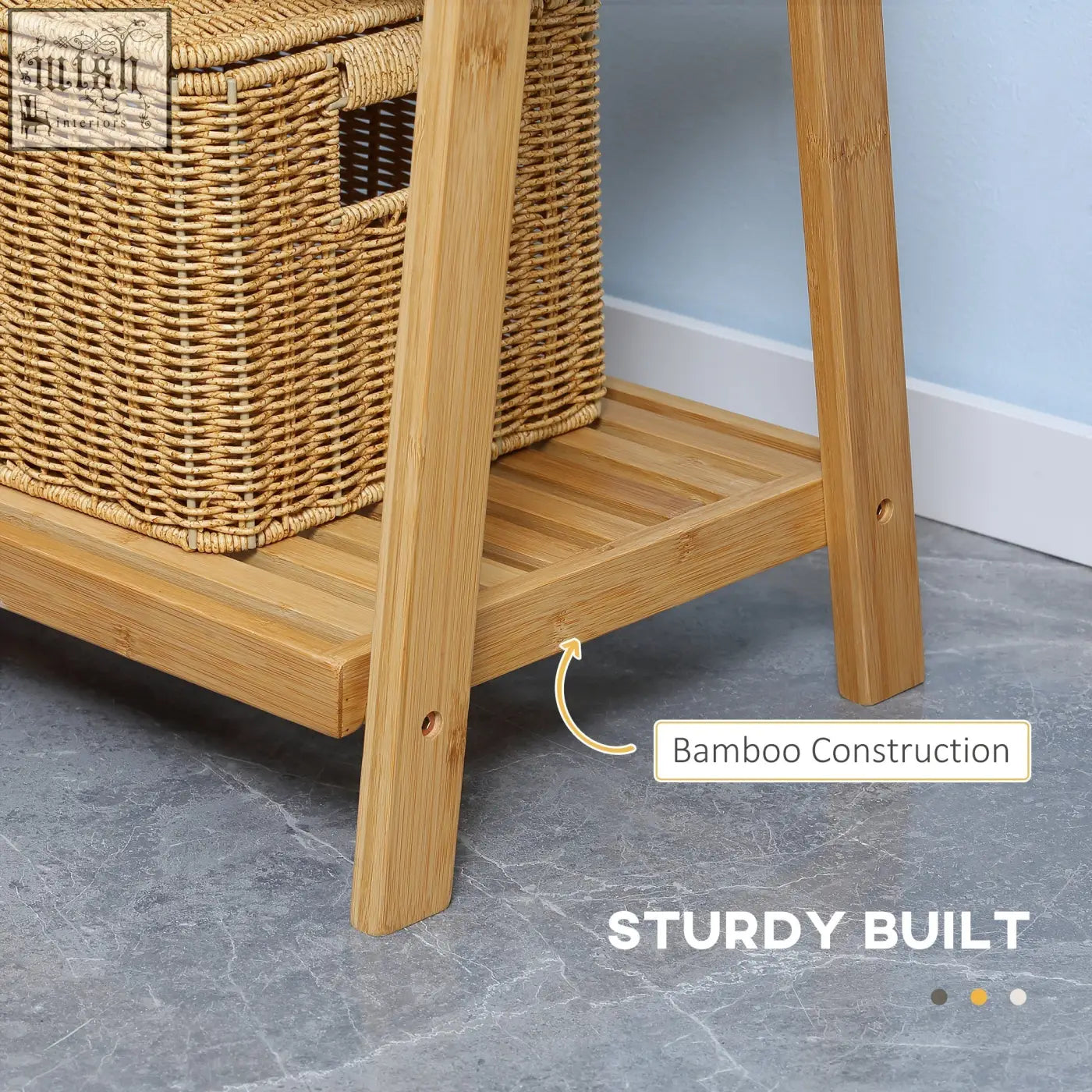 Kleankin freestanding natural bamboo towel rack with a-frame design and woven wicker basket for bathroom storage