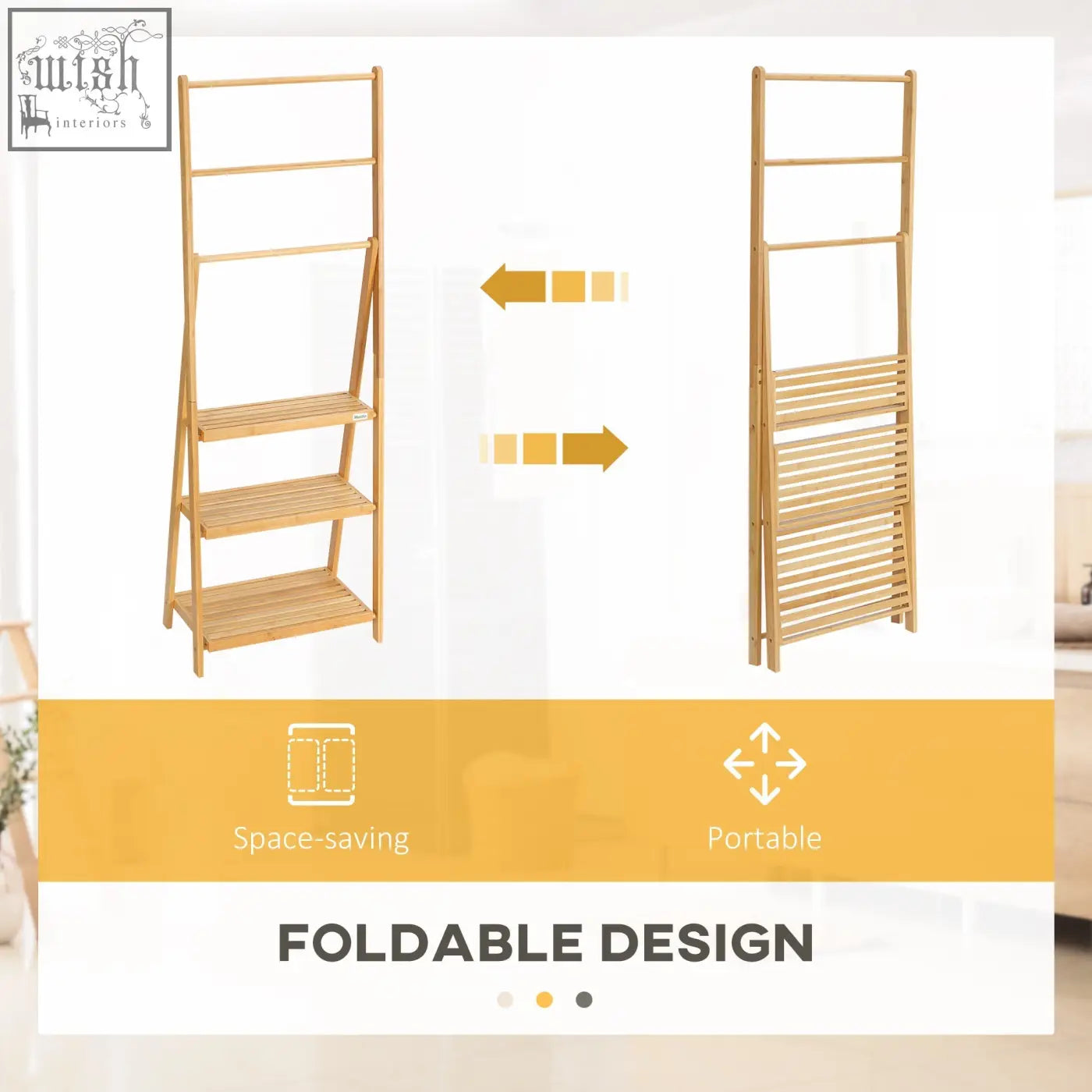 A light brown natural bamboo towel rack with three rails and foldable slatted shelves for bathroom storage