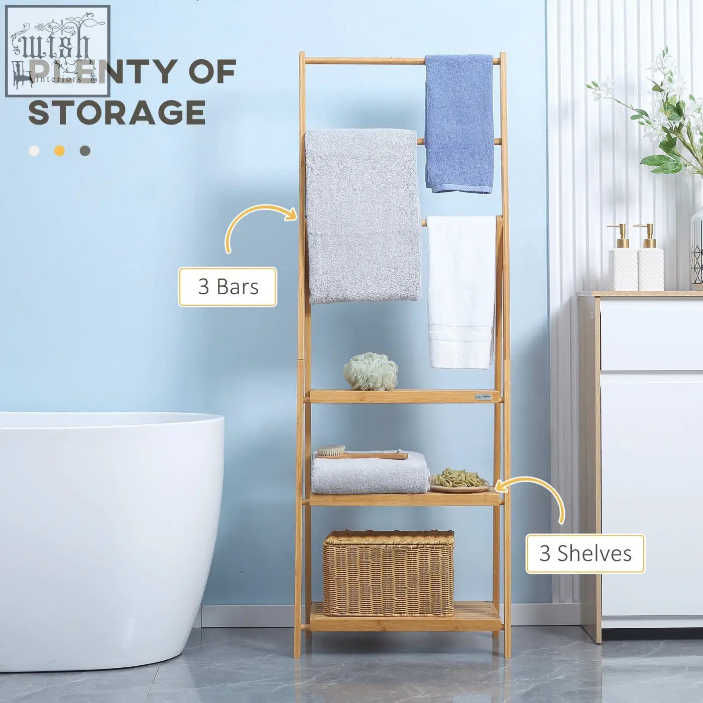 Light brown natural bamboo towel rack with three rails and three open shelves for space-saving bathroom storage