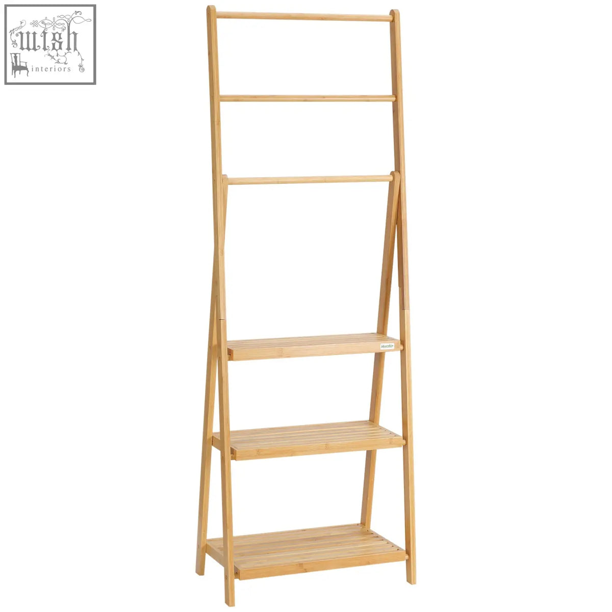 Kleankin freestanding light natural bamboo towel rack with 4 slatted shelves and top rack for bathroom storage