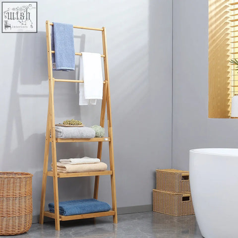 Light natural bamboo towel rack with four slanted shelves and two hanging bars for bathroom storage and drying
