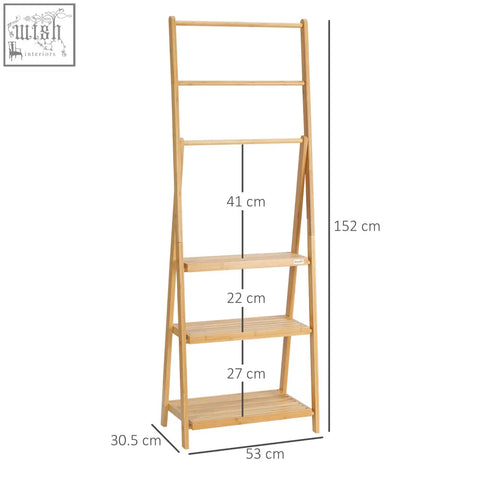 A light natural bamboo towel rack with 3 rails and 4 foldable shelves for space-saving bathroom storage