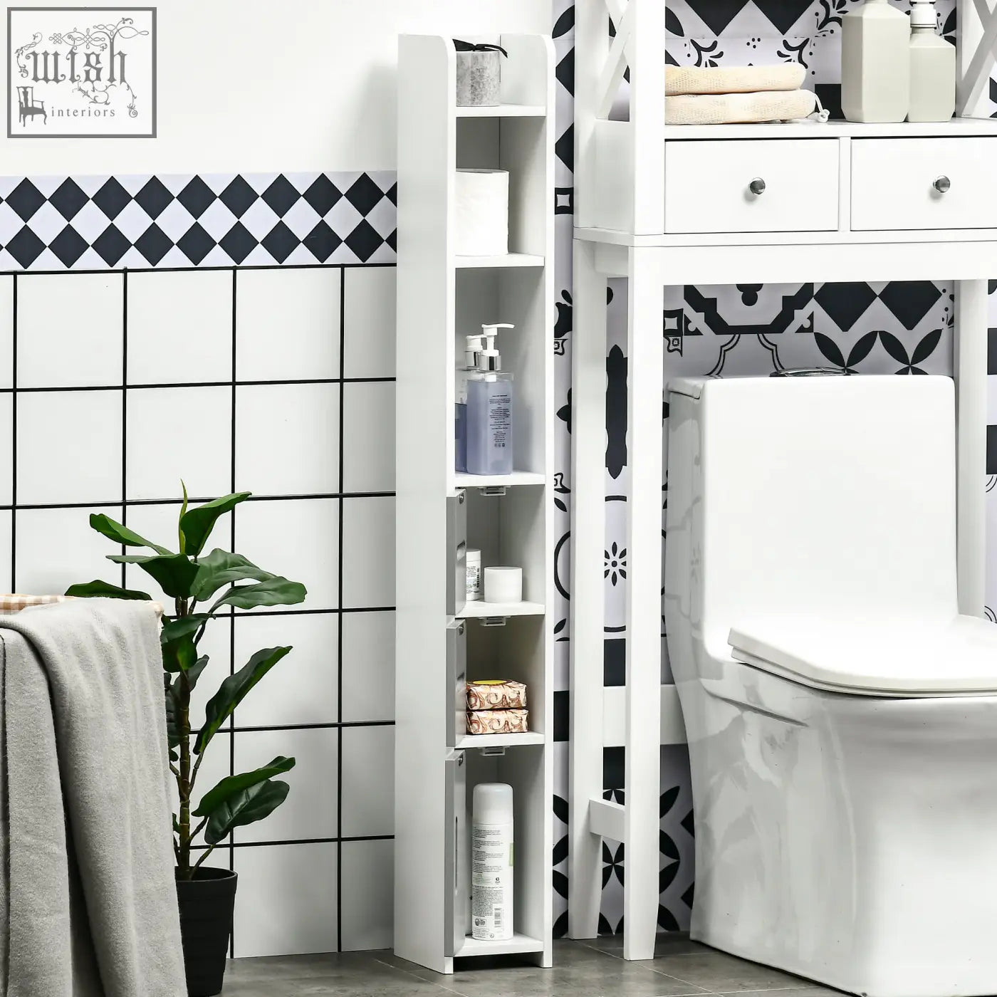 White tall bathroom storage cabinet with open shelves and small drawer for modern freestanding bathroom cabinet