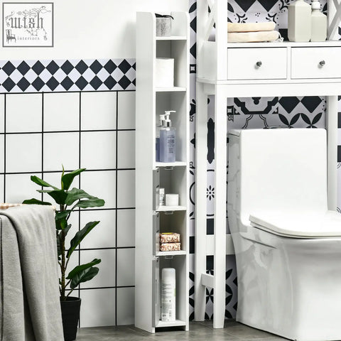 White tall bathroom storage cabinet with open shelves and small drawer for modern freestanding bathroom cabinet