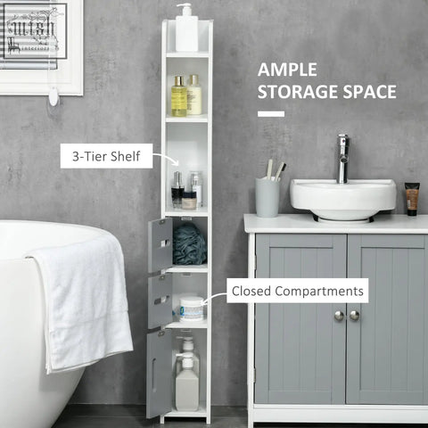 Kleankin white slim bathroom storage cabinet with open shelves and cupboards for bedroom or hallway use