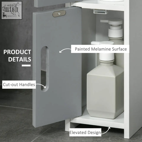 Kleankin modern gray melamine bathroom storage cabinet with open shelves and cupboards for bedroom or hallway