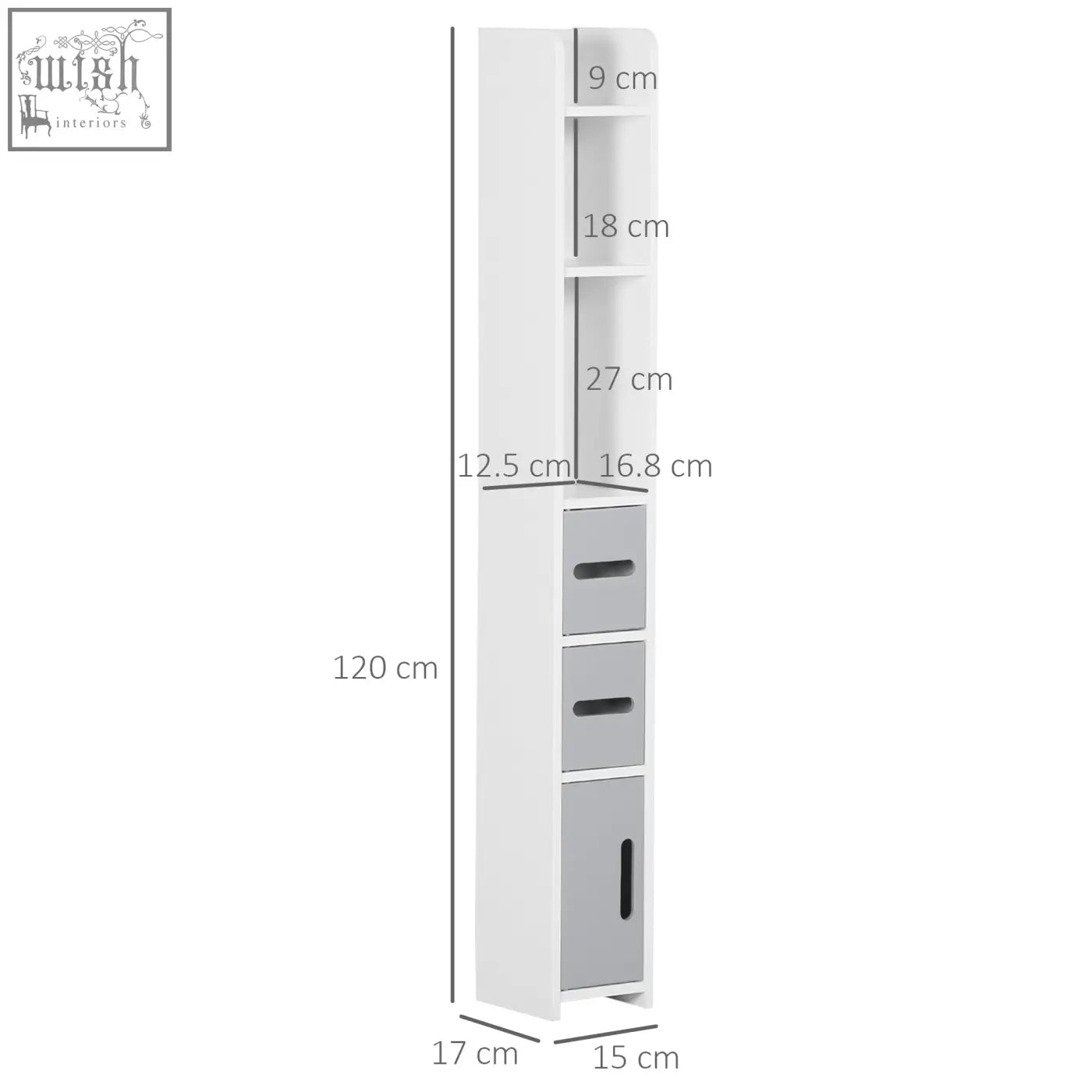 Kleankin modern bathroom storage cabinet in white and gray with open shelves and three drawers for bathroom organization