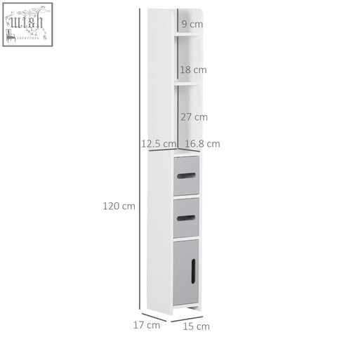 Kleankin modern bathroom storage cabinet in white and gray with open shelves and three drawers for bathroom organization