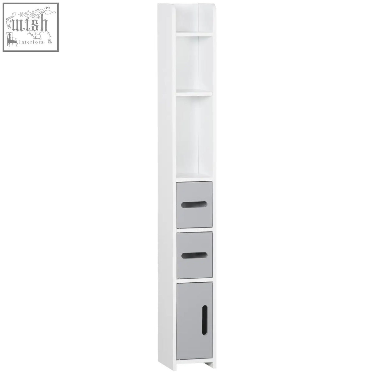 Kleankin modern bathroom storage cabinet in white and gray with open shelves, drawers, and cabinet for bathroom use