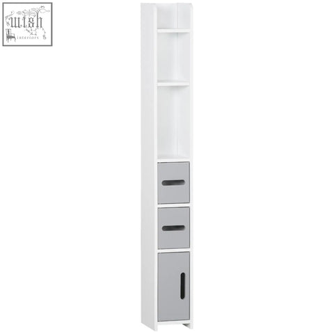Kleankin modern bathroom storage cabinet in white and gray with open shelves, drawers, and cabinet for bathroom use