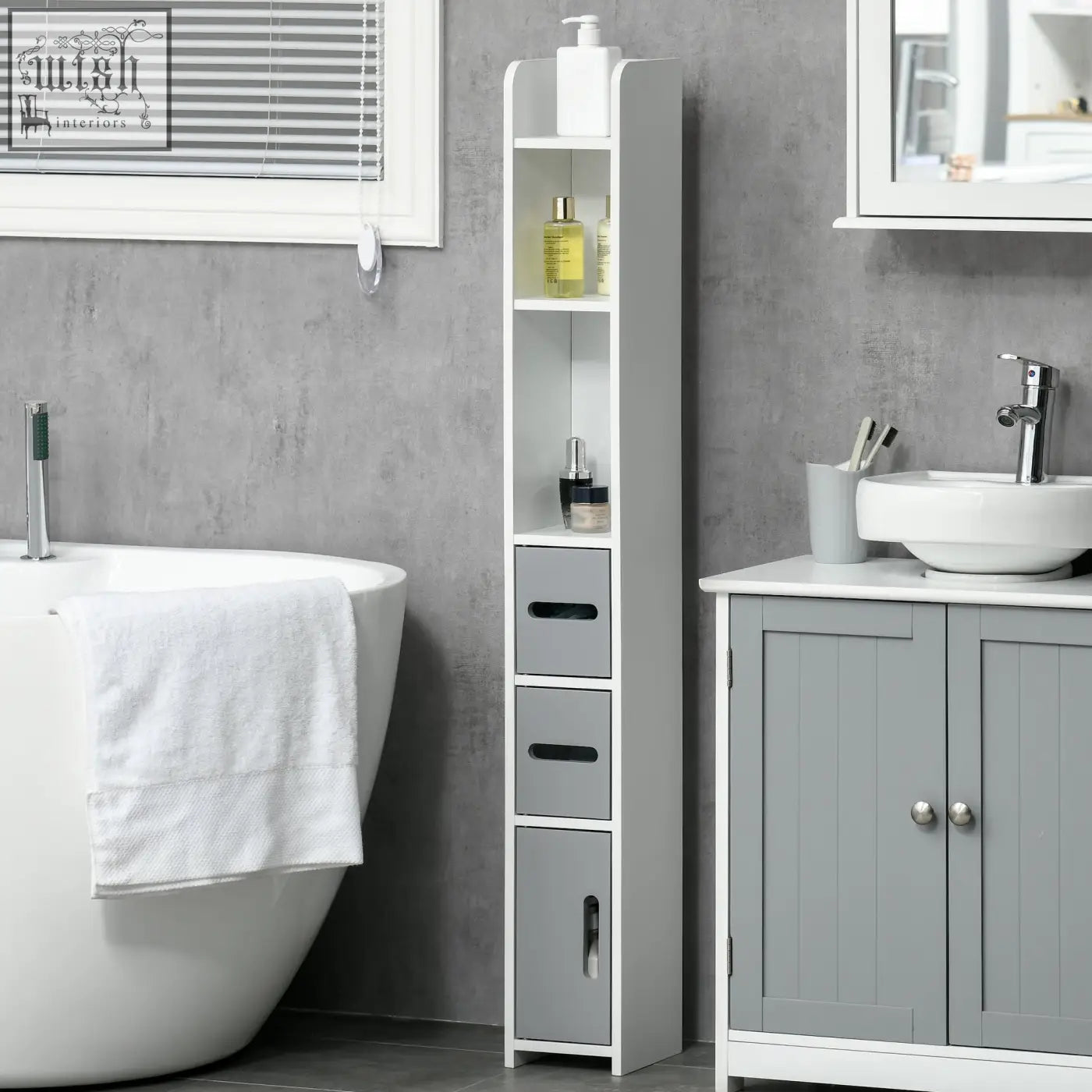 Gray kleankin modern bathroom storage cabinet with open shelves and three drawers freestanding bathroom cabinet