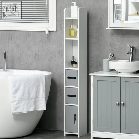 Gray kleankin modern bathroom storage cabinet with open shelves and three drawers freestanding bathroom cabinet