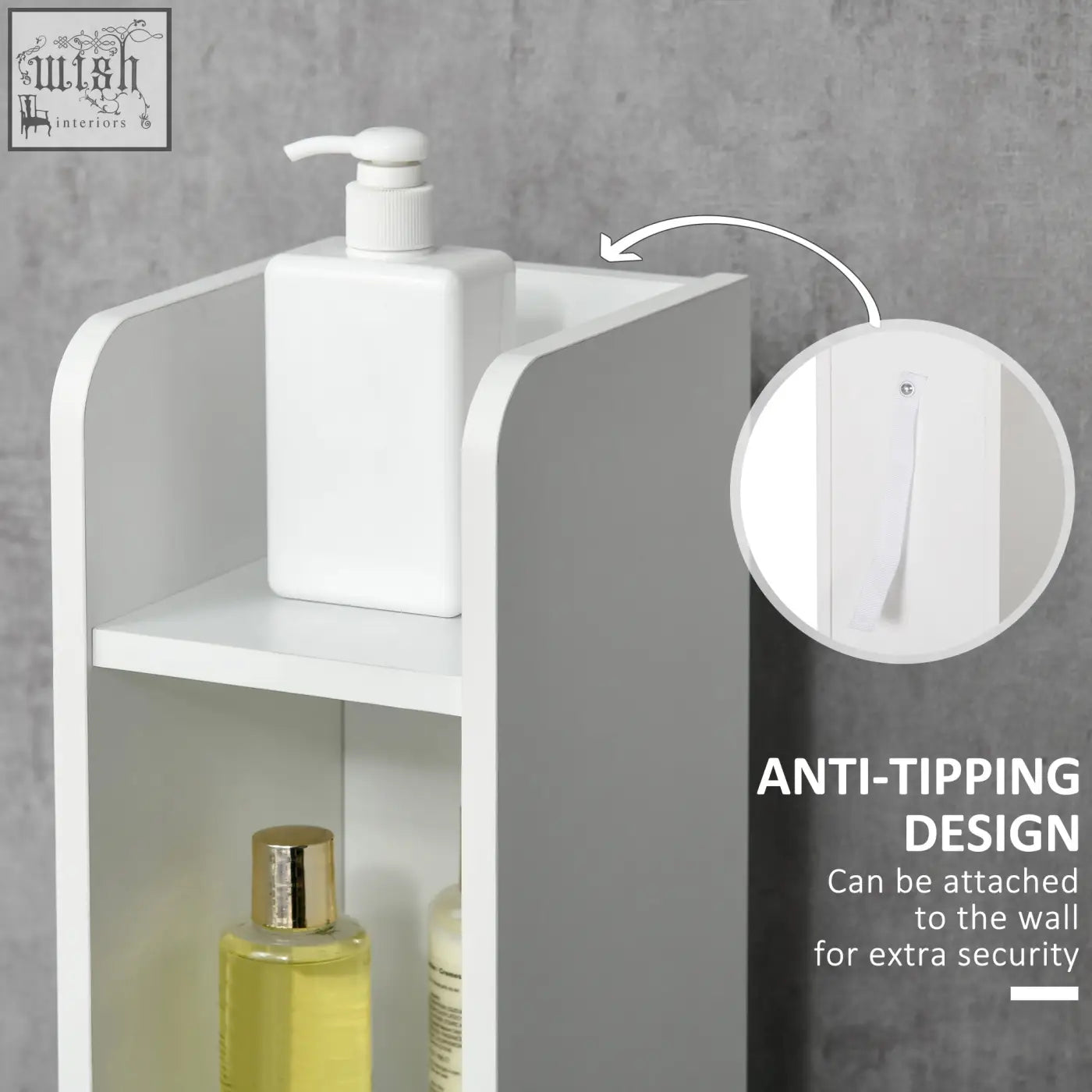 White plastic wall-mounted shelf with two tiers and anti-tipping design for secure bathroom storage cabinet use
