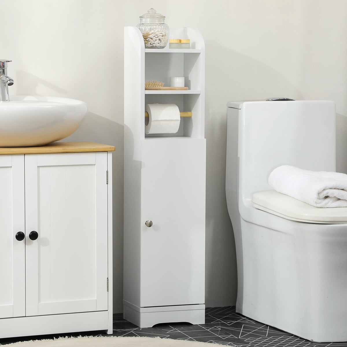 White kleankin bathroom cabinet with wooden top shelf, open shelves, cabinet door, and three-level adjustable shelf