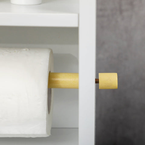 Yellow wooden toilet roll holder with brass screw detail attached to kleankin white three-level adjustable shelf bathroom cabinet