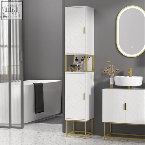 White and gold kleankin narrow bathroom storage cabinet with adjustable shelf and geometric patterned doors