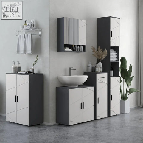Modern dark grey kleankin slim bathroom cabinet with adjustable shelf and soft close door cupboard in light grey