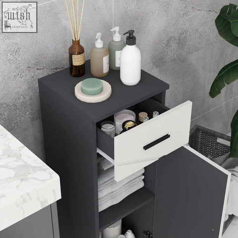 Kleankin slim bathroom cabinet in dark grey with adjustable shelf and sleek handle showing open door with towels inside