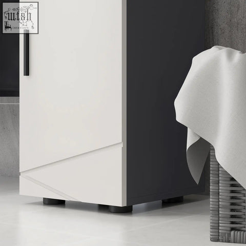 Kleankin slim bathroom cabinet in dark grey and light grey with adjustable shelf soft close and geometric paneling