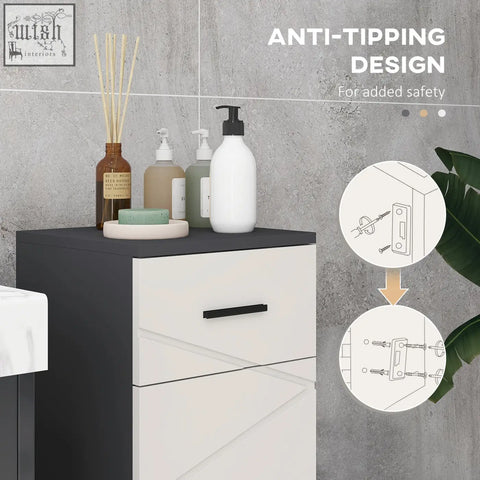 Modern two-tone kleankin slim bathroom cabinet in dark grey with adjustable shelf and sleek black top and white drawers