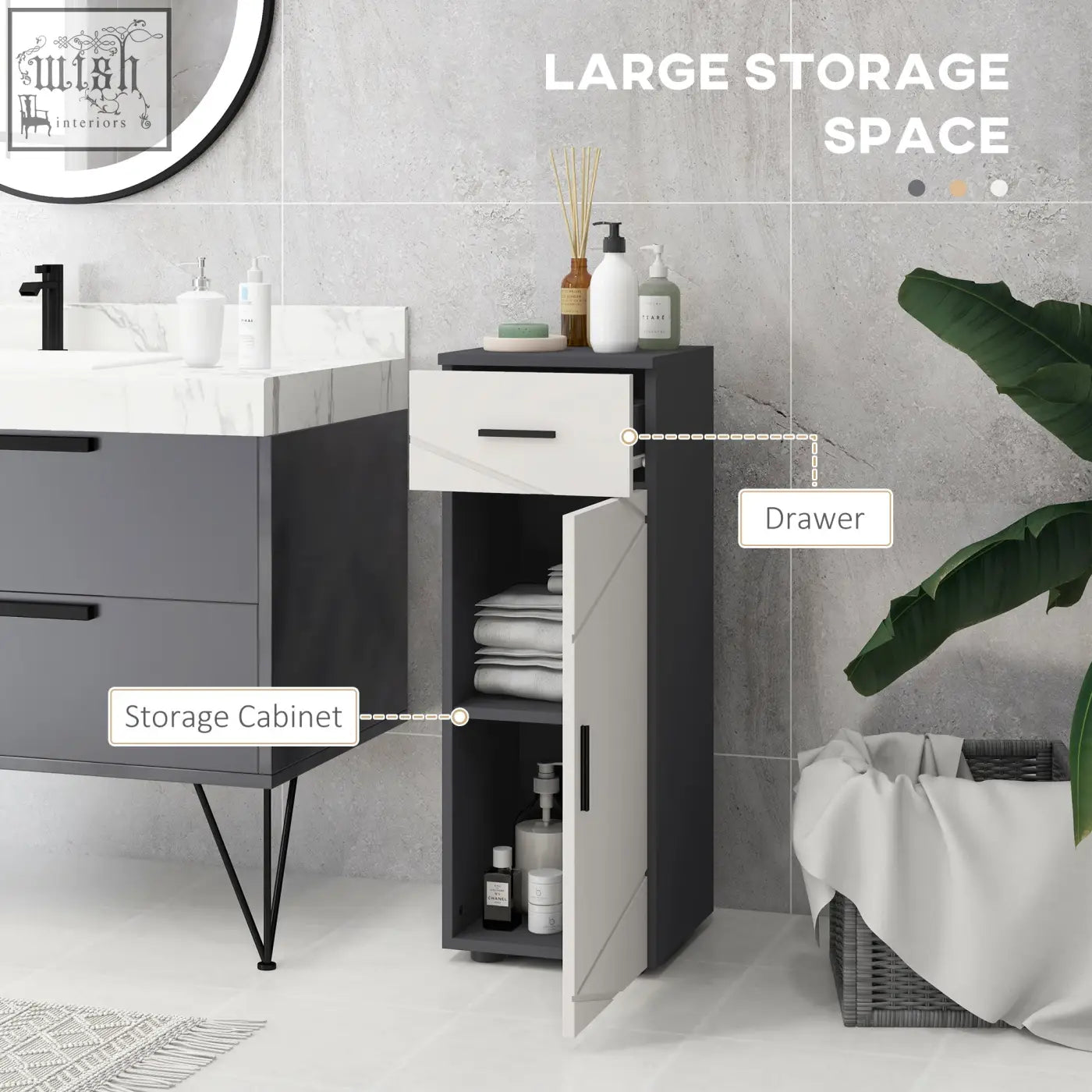 Kleankin slim bathroom cabinet in dark grey and light grey with adjustable shelf, drawer, and soft close door open showing shelves