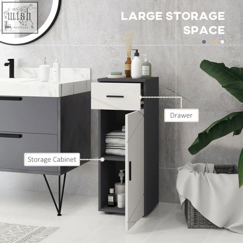 Kleankin slim bathroom cabinet in dark grey and light grey with adjustable shelf, drawer, and soft close door open showing shelves