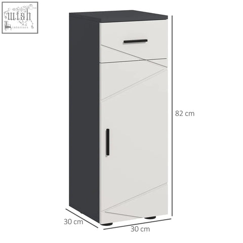 Modern kleankin slim bathroom cabinet in dark grey and light grey with adjustable shelf and geometric paneling on lower door