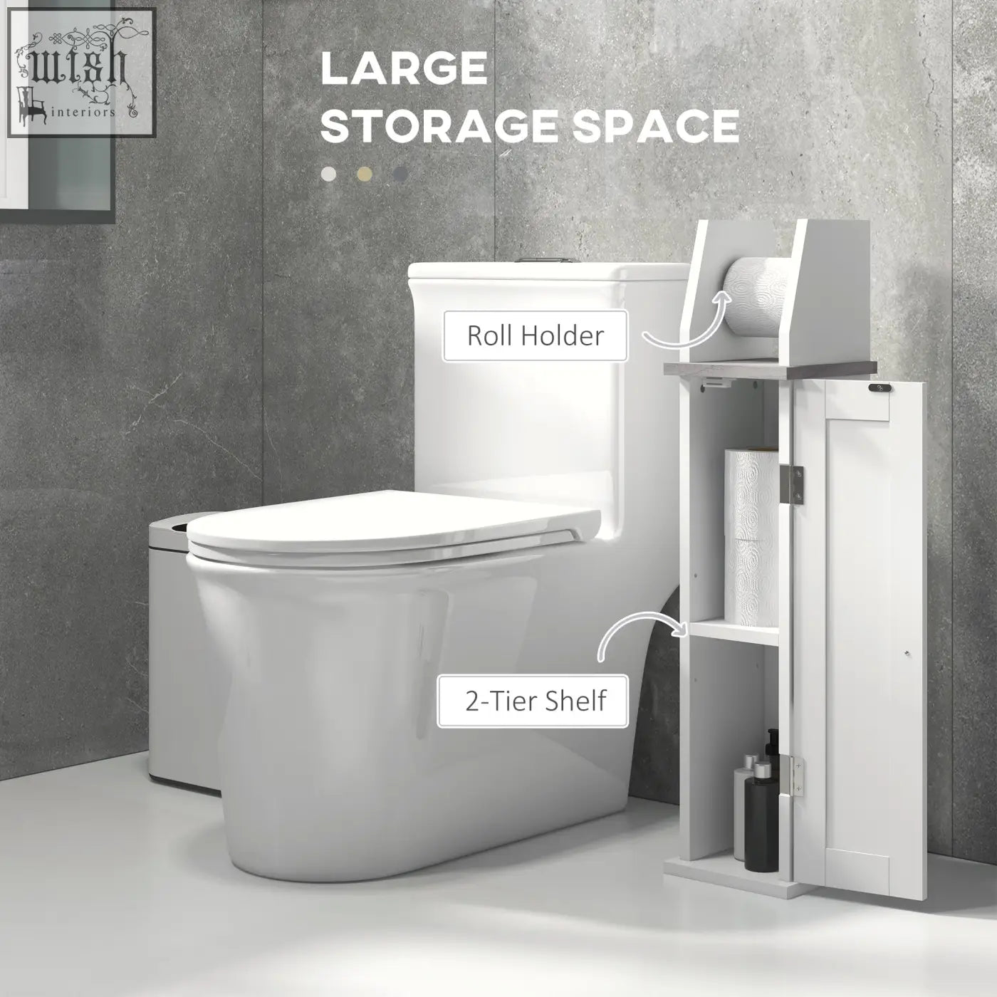 White kleankin slim bathroom floor cabinet with roll holder, adjustable shelf, and cupboard for toilet roll storage